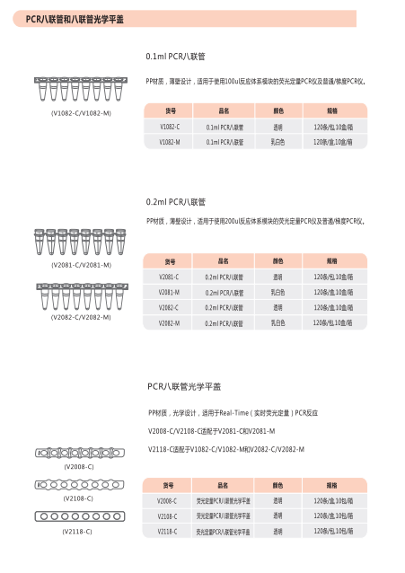 荧光定量PCR8连管0.1/0.2ml八联管排管平盖V1082-C